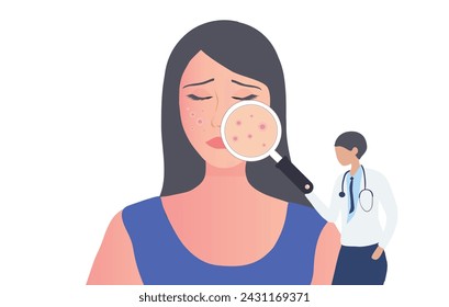 Dermatologist checking young woman face with skin acne, pimples, blackheads vector illustration. Acne skin face problem concept