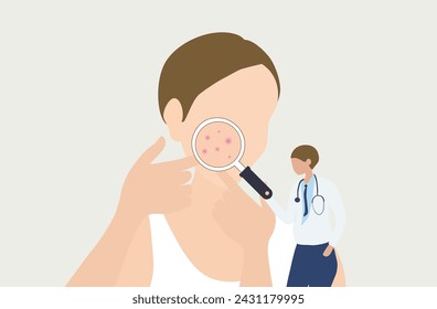 Dermatólogo que comprueba la cara de la mujer joven con el acné de la piel, granos, puntos negros ilustración vectorial. Concepto de problema de acné facial