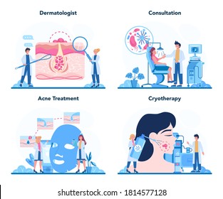 Dermatologist concept. Dermatology specialist, face skin or acne treatment. Idea of beauty and health. Skin epidermis scheme. Vector illustration in cartoon style