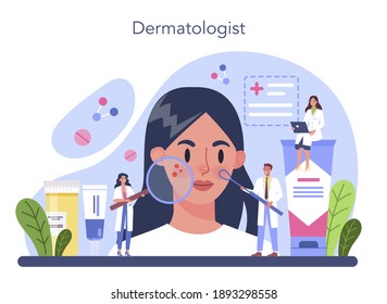 Dermatologist concept. Dermatology and trichologist specialist, skin or hair treatment. Idea of beauty and health. Skin epidermis scheme. Vector illustration in cartoon style