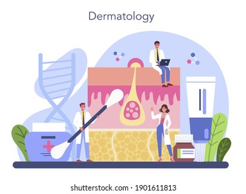 Dermatologist concept. Dermatology and trichologist specialist, skin or hair treatment. Idea of beauty and health. Skin epidermis scheme. Vector illustration in cartoon style
