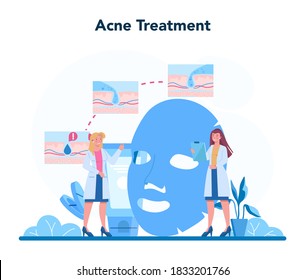 Dermatologe-Konzept. Behandlung von Gesichtshaut und Akne. Dermatologie-Spezialist, Idee der schönen und gesunden Haut. Hautepidermis-Schema. Vektorgrafik im Cartographie-Stil
