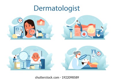 Dermatologist concept set. Dermatology specialist, face skin or acne treatment. Idea of beauty and health. Skin epidermis scheme. Vector illustration in cartoon style