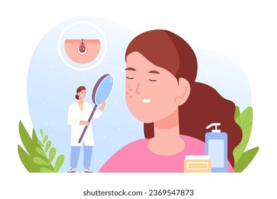 Dermatólogo. Consulta de dermatología atención médica cutánea, examen de diagnóstico de cosmetología médica, erupción cutánea o problema de acné en la cara, ilustración vectorial cosmética de consulta cutánea de dermatología