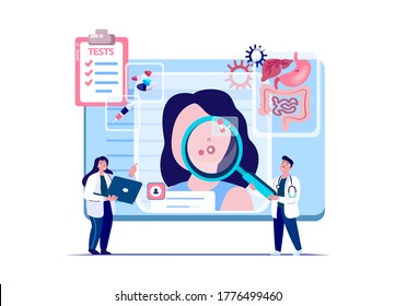 Dermatologist Doctor Council Consultate Patient,Acne,Rash Pimples Research.Online Medical Hospital.Internet Online Diagnostic Dermatology.Skin Desease,Post-Acne, Allergy,Treatment. Vector Illustration