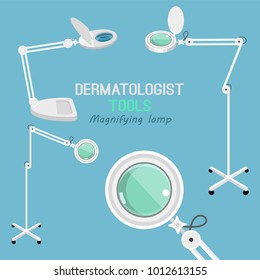 Dermatologist equipment set. Different cosmetic magnifying lamps.Dermatology and cosmetology concept. Vector illustration isolated on a light blue background.