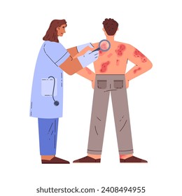 Dermatologist examine patient with skin disease. Doctor checking inflammation on patient's back. Men suffering with psoriasis. Hand drawn vector illustration on white background.