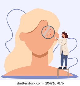 A dermatologist examines a patient. No face. Dermatologist looks through a magnifying glass. Acne, rash. Problem skin. Vector illustration