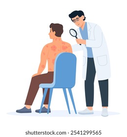 Un dermatólogo examina a un paciente con enfermedad de la piel. . Dermatitis atópica, eccema, psoriasis, piel seca. Problemas de la piel. El médico comprueba la inflamación en la espalda de los pacientes. Ilustración de Vector