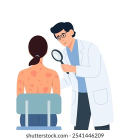 Un dermatólogo examina a un paciente con enfermedad de la piel. Dermatitis atópica, eccema, psoriasis, piel seca. Problemas de la piel. El médico comprueba la inflamación en la espalda de los pacientes. Ilustración de Vector