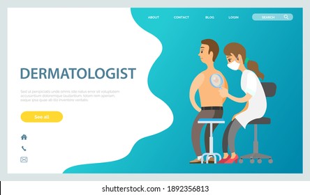 Dermatologist examines a spot from a man patient with magnifying glass in clinic landing page. Medical procedure dermatoscopy. Doctor looking at a patients skin, therapist, oncologist examines a mole