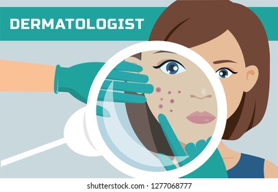 A dermatologist is examining the acne-prone skin of a woman with a magnifying glass during medical consultation