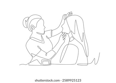 A dermatologist is examining the facial skin of a female patient. Visiting dermatologists concept one-line drawing