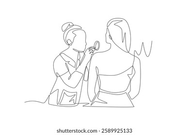 A dermatologist is examining a female patient's skin. Visiting dermatologists concept one-line drawing