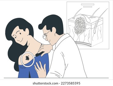 Dermatologist examining mole with magnifying glass in clinic (skin cancer). Doctor dermatologist examines skin of patient. Dermatoscopy, prevention of melanoma, skin cancer.