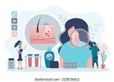 Dermatologist examining patient skin with magnifying glass. Team of doctors selects right treatment for woman with acne. Dermatology concept. Dermatological check up in clinic. Vector illustration