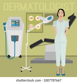 Dermatologist in the hospital. Treatment chair, cosmetic magnifying lamp, lazer and other equipment. Dermatology and cosmetology concept. Vector illustration isolated on a light green background.