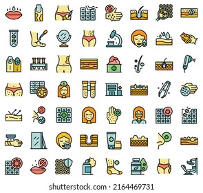 Dermatologist icons set outline vector. Dry psoriasis. Skin acne thin line color flat on white