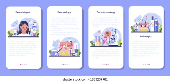 Juego de banners de aplicación móvil dermatóloga. Especialista en dermatología y tricología, tratamiento de la piel o del pelo. Idea de belleza y salud. Esquema de epidermis cutánea. Ilustración vectorial en estilo de caricatura