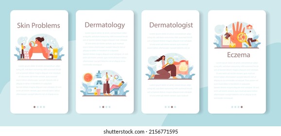 Dermatologist mobile application banner set. Dermatology, skin care specialist. Face or body skin, acne and eczema treatment. Epidermis scheme. Vector illustration in flat style