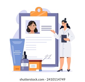 Dermatólogo con bloc de notas. Mujer con uniforme médico con cremas y lociones. Cuidado de la piel y la cara. Productos dermatológicos en envases. Procedimientos de belleza. Dibujo vectorial plano de dibujos animados