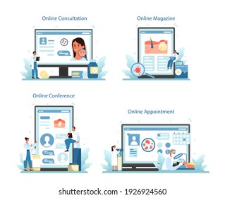 Dermatologist online service or platform set. Dermatology specialist, face skin treatment. Skin epidermis health. Online conference, magazine, appointment, consultation. Vector flat illustration