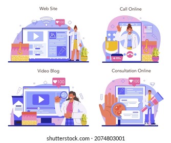 Dermatologist online service or platform set. Dermatology specialist. Acne and eczema treatment. Epidermis scheme. Online call, consultation, video blog, website. Vector flat illustration