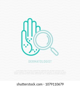 Dermatologist Symbol, Rash On The Palm Under Magnifier Thin Line Icon. Modern Vector Illustration.