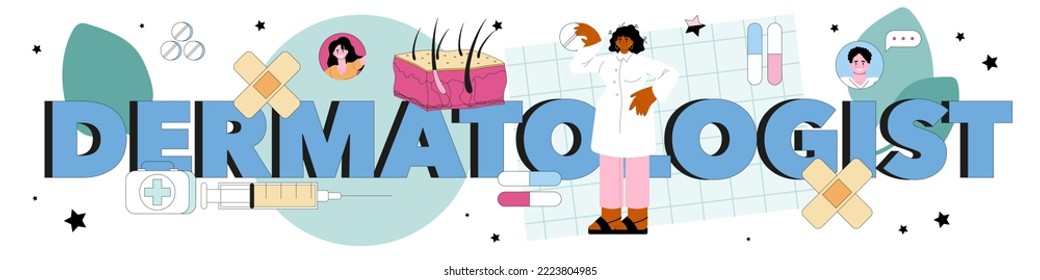 Dermatologist typographic header. Dermatological and skin care procedure. Face or body skin reatment. Epidermis scheme. Vector illustration in flat style