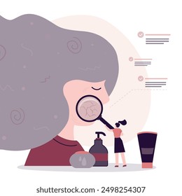 Dermatologist uses magnifying glass and examines woman's face. Aging process, cosmetologist helps girl to choose cosmetics for rejuvenation. Anti-aging procedures. flat vector illustration