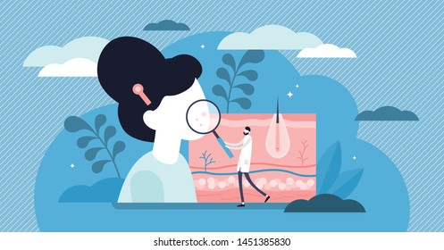 Dermatologist vector illustration. Flat tiny skin doctor persons concept. Abstract epidermis illness, problem, disease diagnostics or treatment. Health medical protection with specialist consultation.