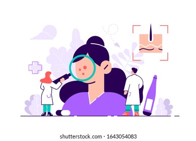 Dermatologist Vector Illustration. Flat Tiny Skin Doctor Persons Concept. Abstract Epidermis Illness, Problem, Disease Diagnostics Or Treatment. Health Medical Protection With Specialist Consultation