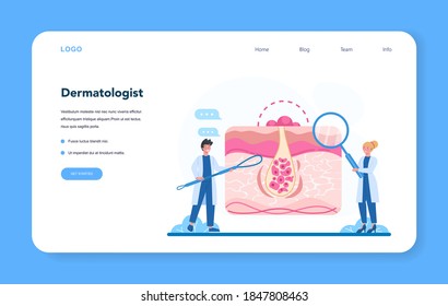 Dermatologist web banner or landing page. Dermatology specialist, face skin or acne treatment. Idea of beauty and health. Skin epidermis scheme. Vector illustration in cartoon style