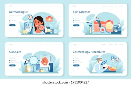 Dermatologist web banner or landing page set. Dermatology specialist, face skin or acne treatment. Idea of beauty and health. Skin epidermis scheme. Vector illustration in cartoon style