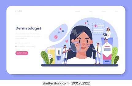 Dermatologist web banner or landing page. Dermatology and trichologist specialist, skin or hair treatment. Idea of beauty and health. Skin epidermis scheme. Vector illustration in cartoon style