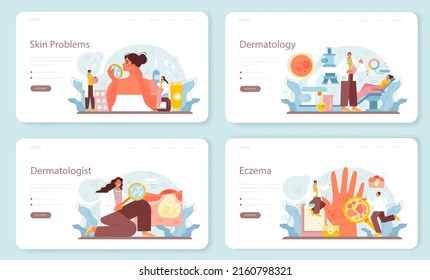 Dermatologist web banner or landing page set. Dermatology, skin care specialist. Face or body skin, acne and eczema treatment. Epidermis scheme. Vector illustration in flat style