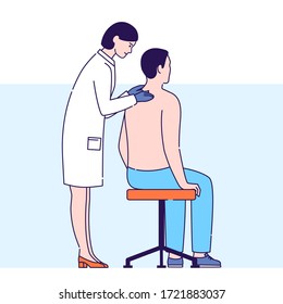 La mujer dermatóloga examina la ilustración del vector hombre paciente. Consulta de dermatología. Enfermedad epidermis, problema, diagnóstico de enfermedad o tratamiento. Personajes de dibujos animados aislados sobre fondo azul.