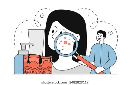 Dermatologist with woman. Man in medical uniform with magnifying glass examines face of young girl. Beauty treatment and skincare. Linear vector illustration isolated on white background