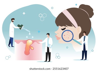 The dermatologists diagnose and treat woman skin vector on white background. The other one is holding magnifying glass, enlarged acne on skin and the other drop medicine on acne. Skin care concept.