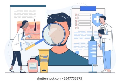 Dermatologistas examinando a pele de um paciente com lupa, cercada por produtos de cuidados da pele, seringa e gráficos médicos sobre fundo branco. Conceito de dermatologia. Ilustração vetorial