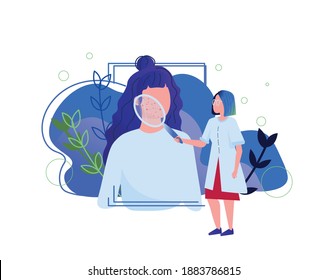 Dermatology checkup. Young woman girl with skin problems: acne, pimples, blackheads. Skincare, healthy skin. Face mask, cream. Online Consultation. Teenager skin. Flat cartoon vector illustration