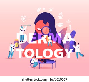 Dermatology Concept. Tiny Doctors Characters around of Huge Woman with Skin Problems. People Visit Clinic for Treatment and Cosmetology Procedures Poster Banner Flyer. Cartoon Vector Illustration
