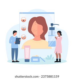 Dermatology and cosmetology for acne problem vector illustration. Cartoon tiny people study formation of inflammation comedones and pimple on science chart, offer skincare product for acne treatment