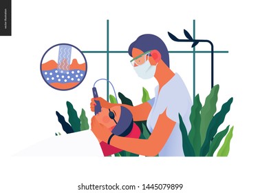 Dermatology, Cosmetology -medical Insurance Illustration -modern Flat Vector Concept Digital Illustration Of A Dermatologist Carrying Out The Procedure Of Laser Treatment, Medical Office Or Laboratory