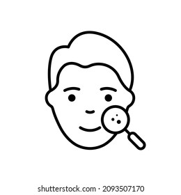 Dermatology Examination of Man Skin Line Icon. Checkup of Boy Skin Face with Magnifier Linear Pictogram. Facial Skin Care Outline Icon. Editable Stroke. Isolated Vector Illustration.