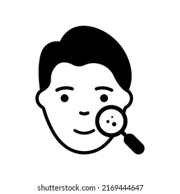 Dermatology Examination of Man Skin Silhouette Icon. Checkup of Boy Skin Face with Magnifier Pictogram. Facial Skin Care Black Icon. Isolated Vector Illustration.