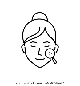 Dermatologische Untersuchung der weiblichen Hautlinie Symbol. Checkup of Girl Skin Face mit Magnifier Linear Piktogramm. Facial Skin Care Outline Icon. Bearbeitbarer Stroke. einzelne Vektorgrafik