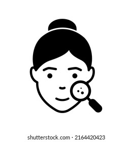 Dermatology Examination of Woman Skin Silhouette Icon. Checkup of Girl Skin Face with Magnifier Black Pictogram. Facial Skin Care Icon. Isolated Vector Illustration.