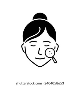 Dermatology Examination of Woman Skin Silhouette Icon. Checkup of Girl Skin Face with Magnifier Black Pictogram. Facial Skin Care Icon. Isolated Vector Illustration.