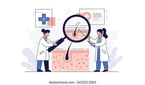 Especialistas em Dermatologia que examinam a estrutura da pele e os folículos pilosos sob ampliação para pesquisa médica e diagnóstico